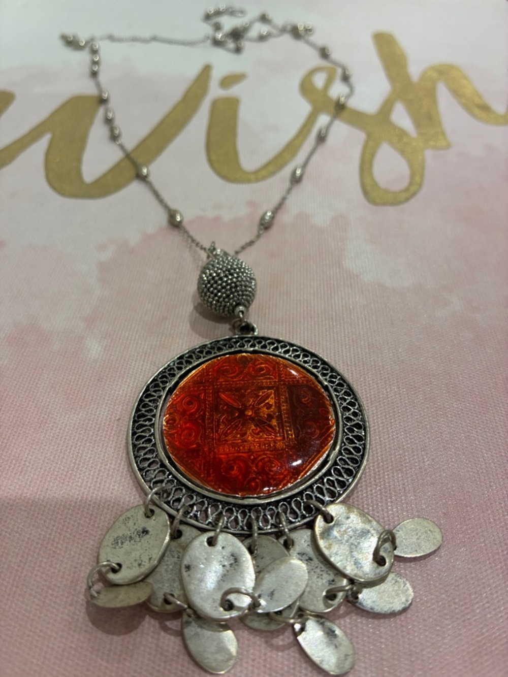 Silver-Tone Pendant Necklace with Amber-Red Medallion